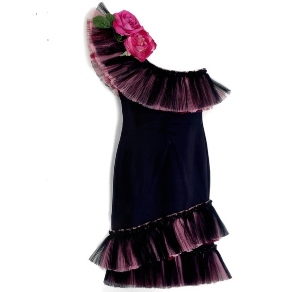 HOUSE OF FIELD BY PATRICIA FIELD Vintage Mini Tulle One Shoulder Dress w/ Roses - Picture 4 of 10
